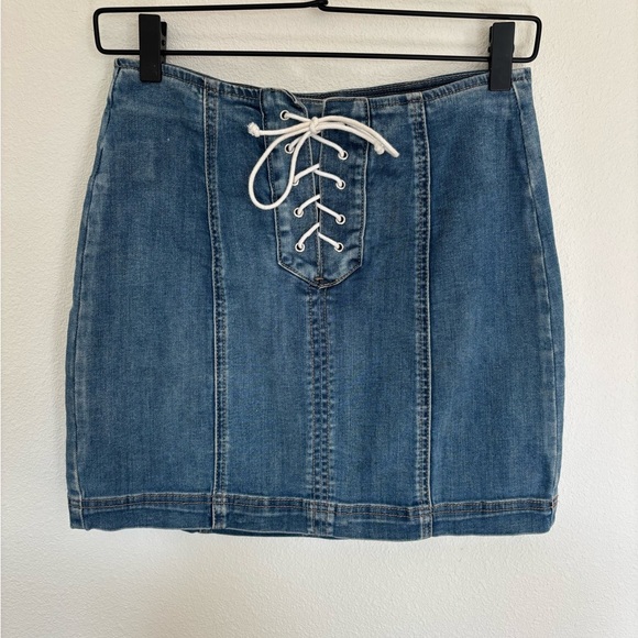 PacSun Blue Mini denim Skirt with Tie up laced Front - Picture 1 of 4